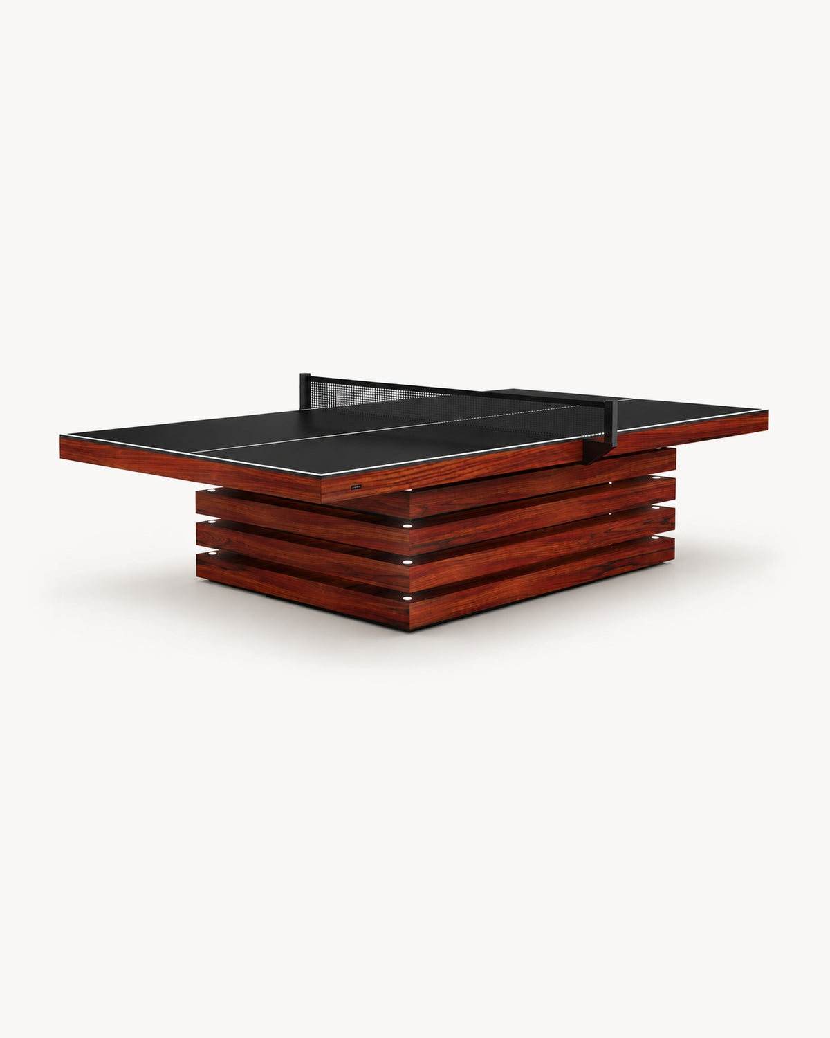 11 Ravens Arclight Ping Pong Table with dark playfield on a stacked wood slat base