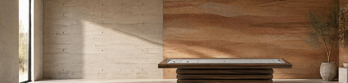 11 Ravens Avettore Convertible Pool Dining Ping Pong Table in a modern games room with a stamped concrete wall