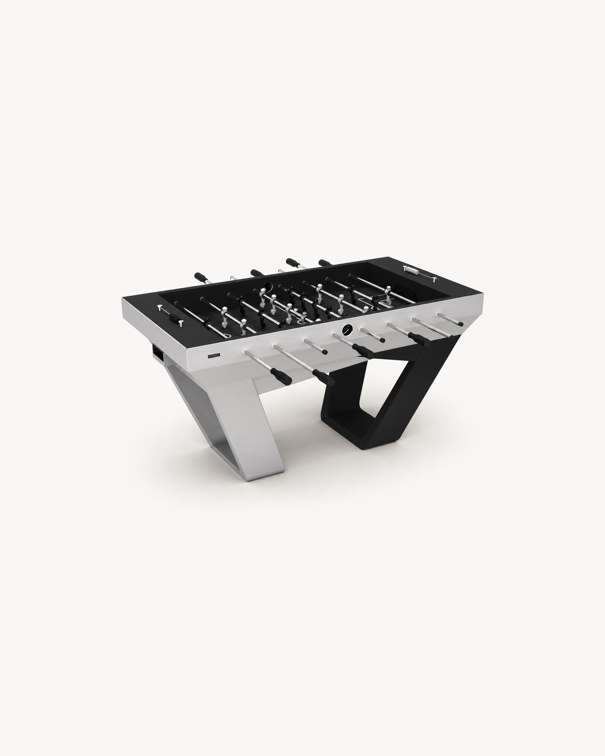 11 Ravens Avettore Foosball Table with brushed silver top and dark angular base
