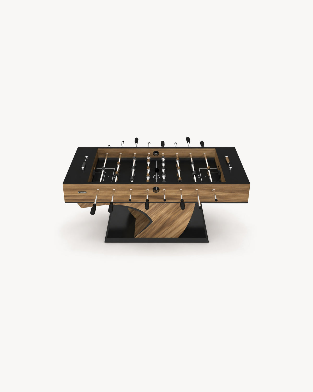 11 Ravens Force Foosball Table with dark playfield on a carved wood pedestal