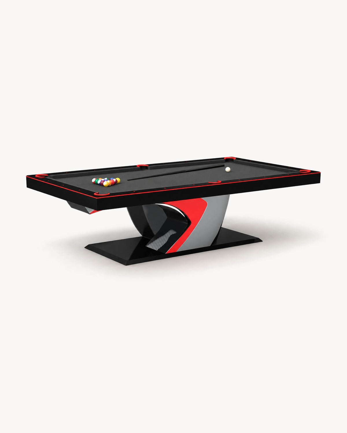 11 Ravens Force Pool Table in black with red accent and sculptural pedestal